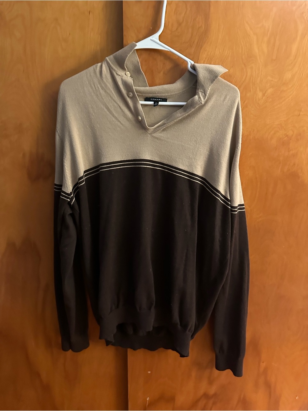 Talbots Men's Two-Tone V-Neck Button Mock Sweater in Tan and Brown